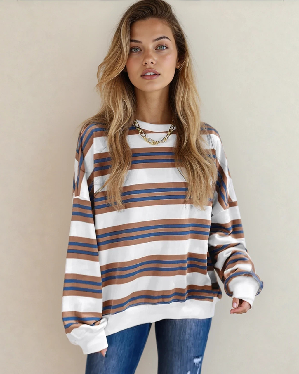 Sophie Stripe Crew Neck Drop Shoulder Pullover Sweatshirt — additional view 2