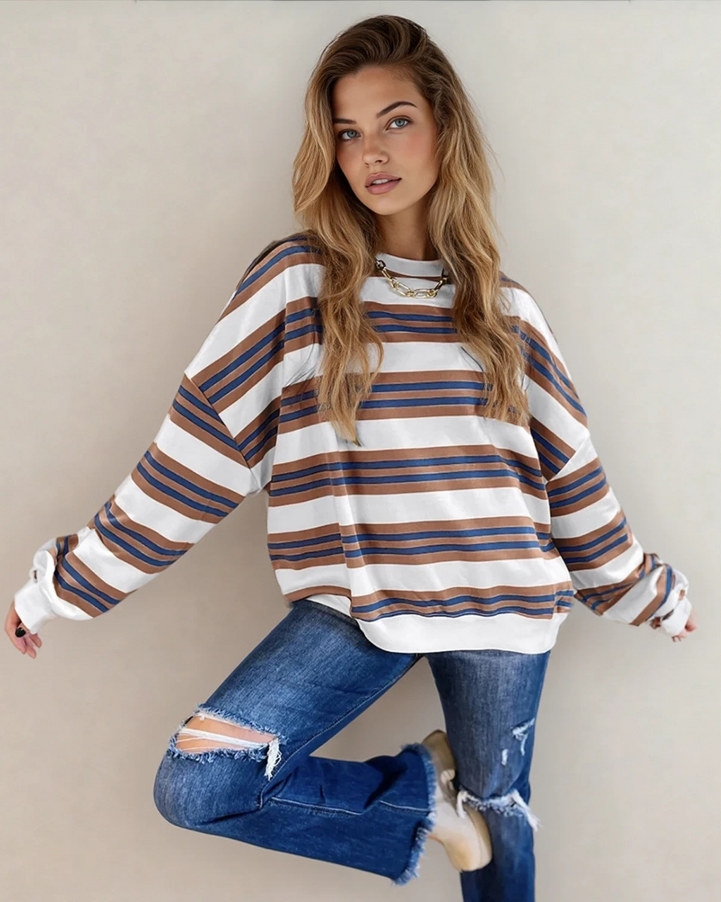 Sophie Stripe Crew Neck Drop Shoulder Pullover Sweatshirt — additional view 3