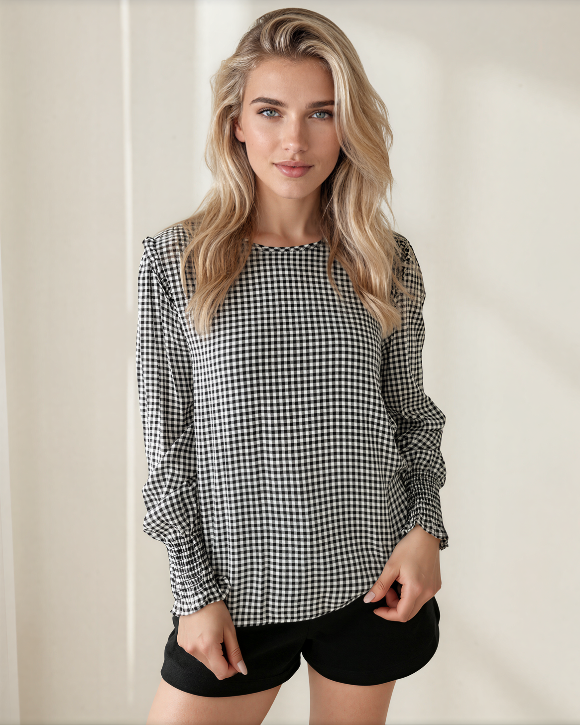 Ava Plaid Ruffle Blouse | Shirred Cuff Cotton Top