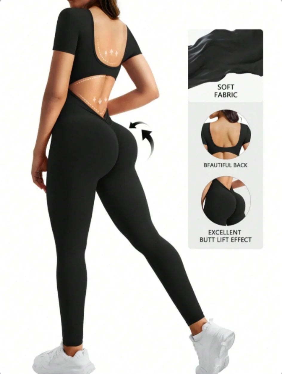 One piece seamless spandex U-neck short sleeved bodysuit with hip lifting, gym clothing, women's fitness jumpsuit