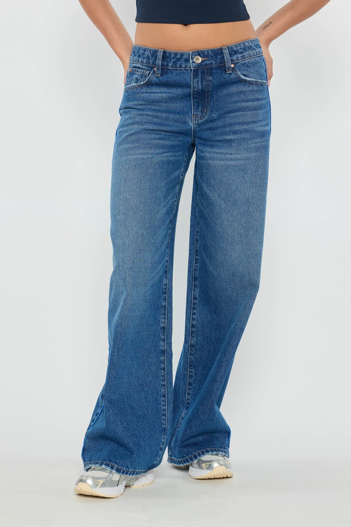Low Waist Baggy Wide Leg Jeans with Side Piping Detail