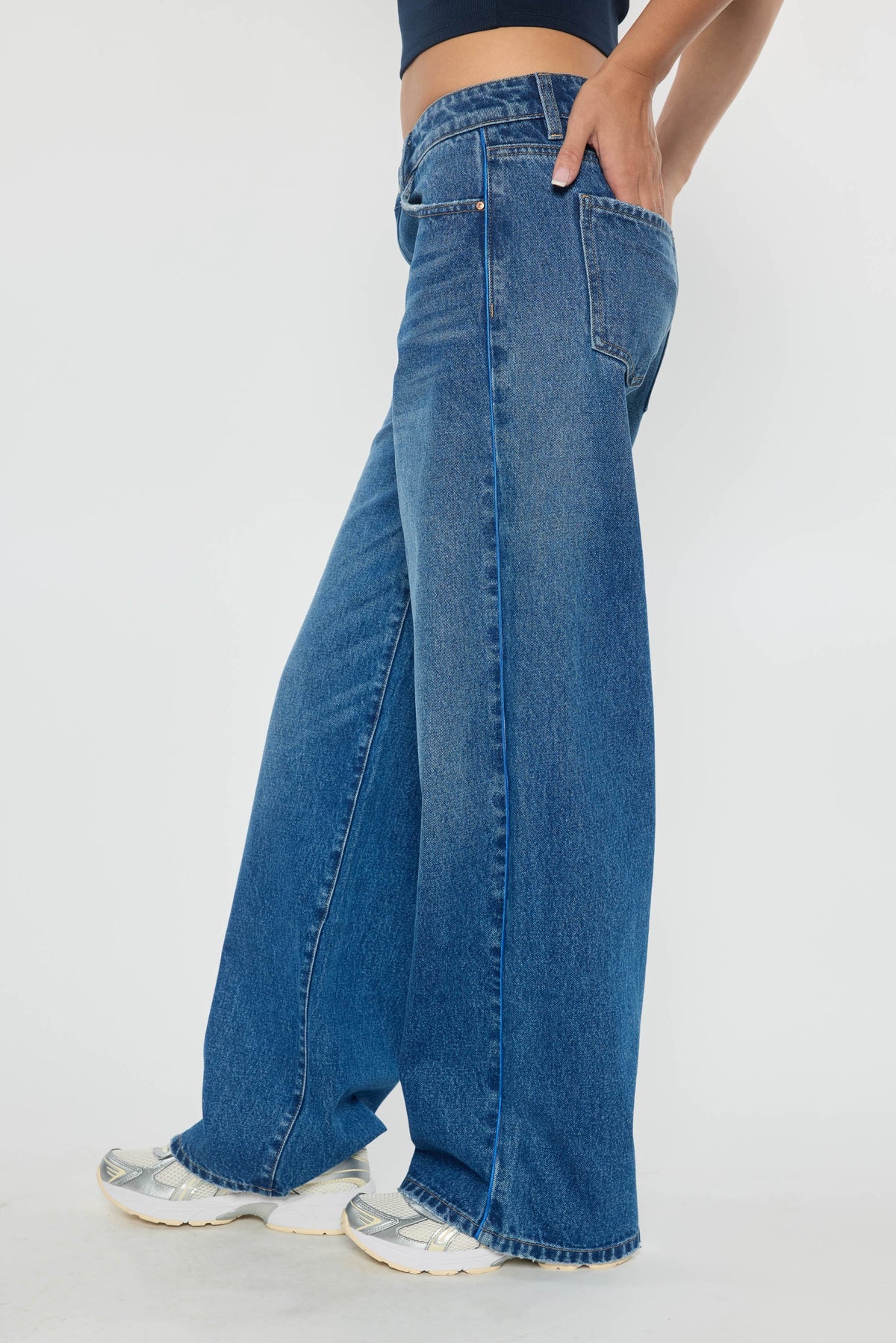 Low Waist Baggy Wide Leg Jeans with Side Piping Detail