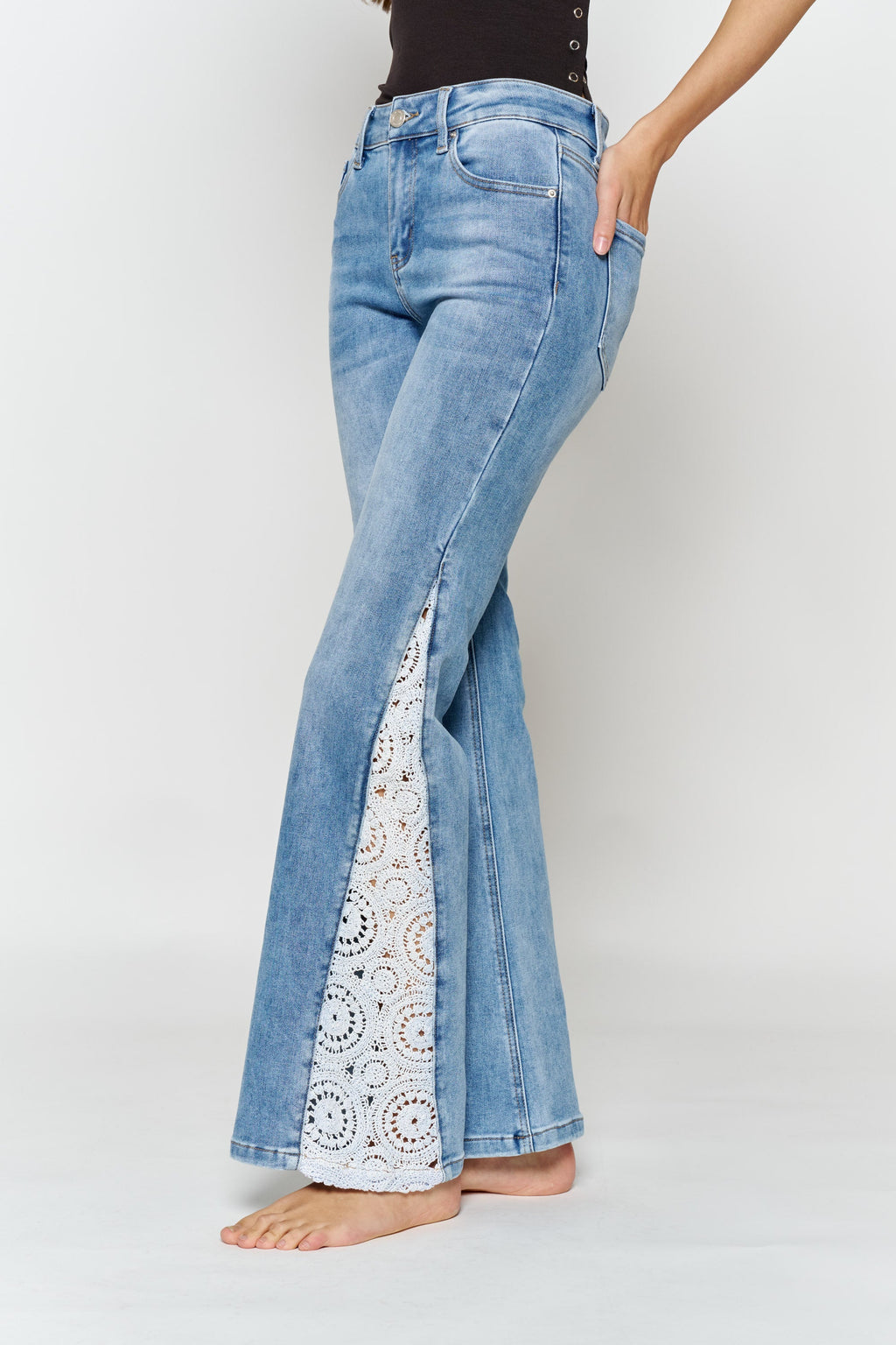 High Rise Wide Leg Jeans with Side Lace Crochet Detail — additional view 2