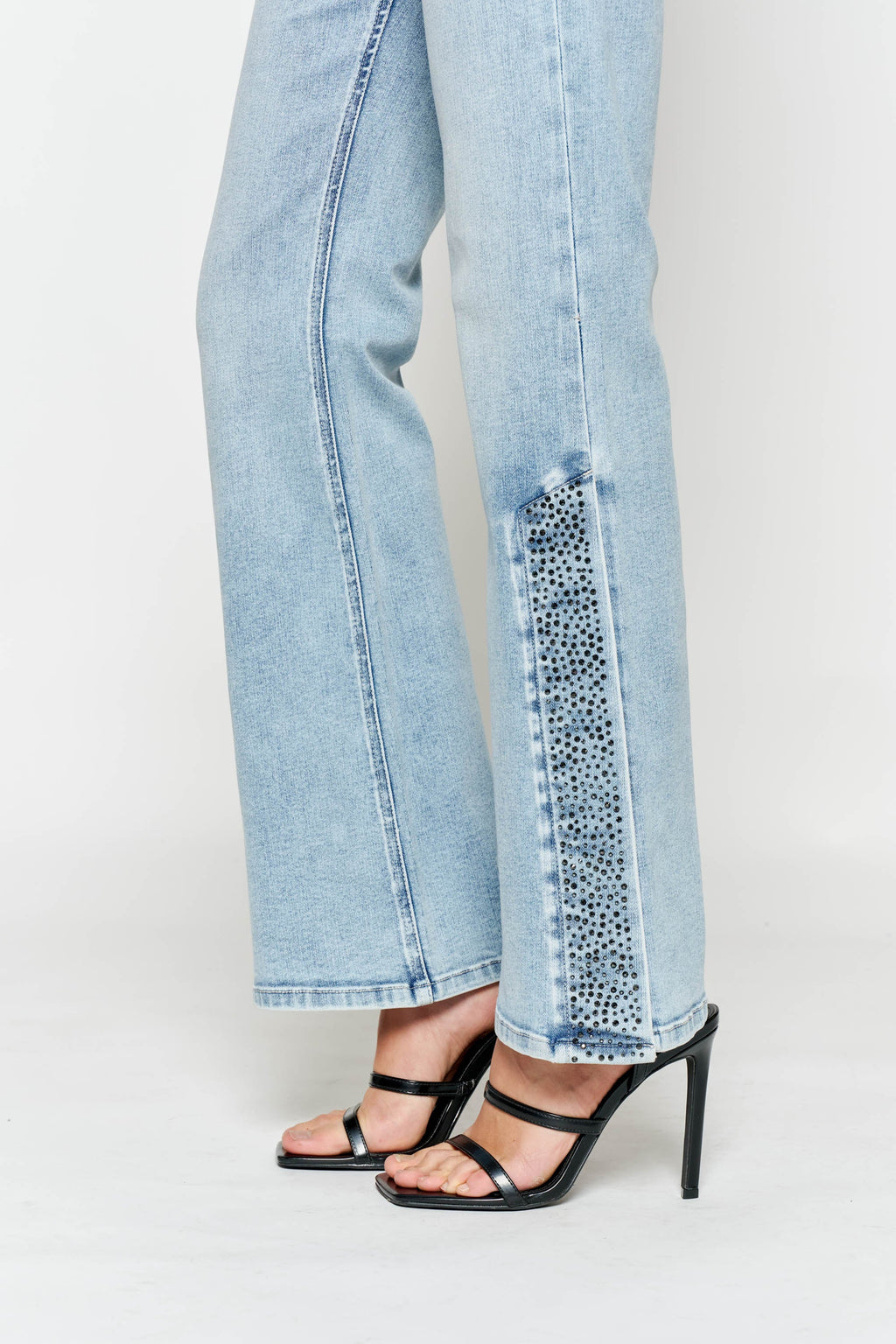 High Rise Slim Wide-Leg Jeans with Side Slit Rhinestone Detail — additional view 2