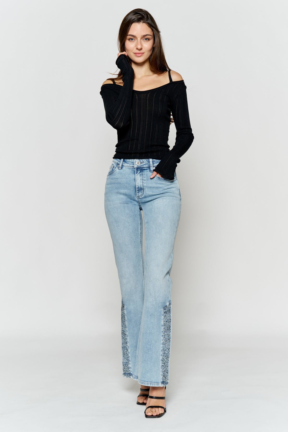 High Rise Slim Wide-Leg Jeans with Side Slit Rhinestone Detail