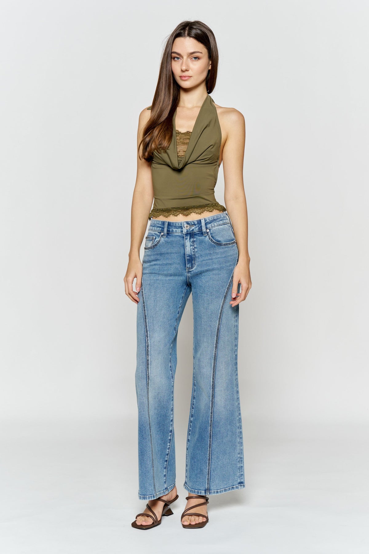 High Rise Wide Leg Jeans with Curved Seam and Rhinestone Details — additional view 9