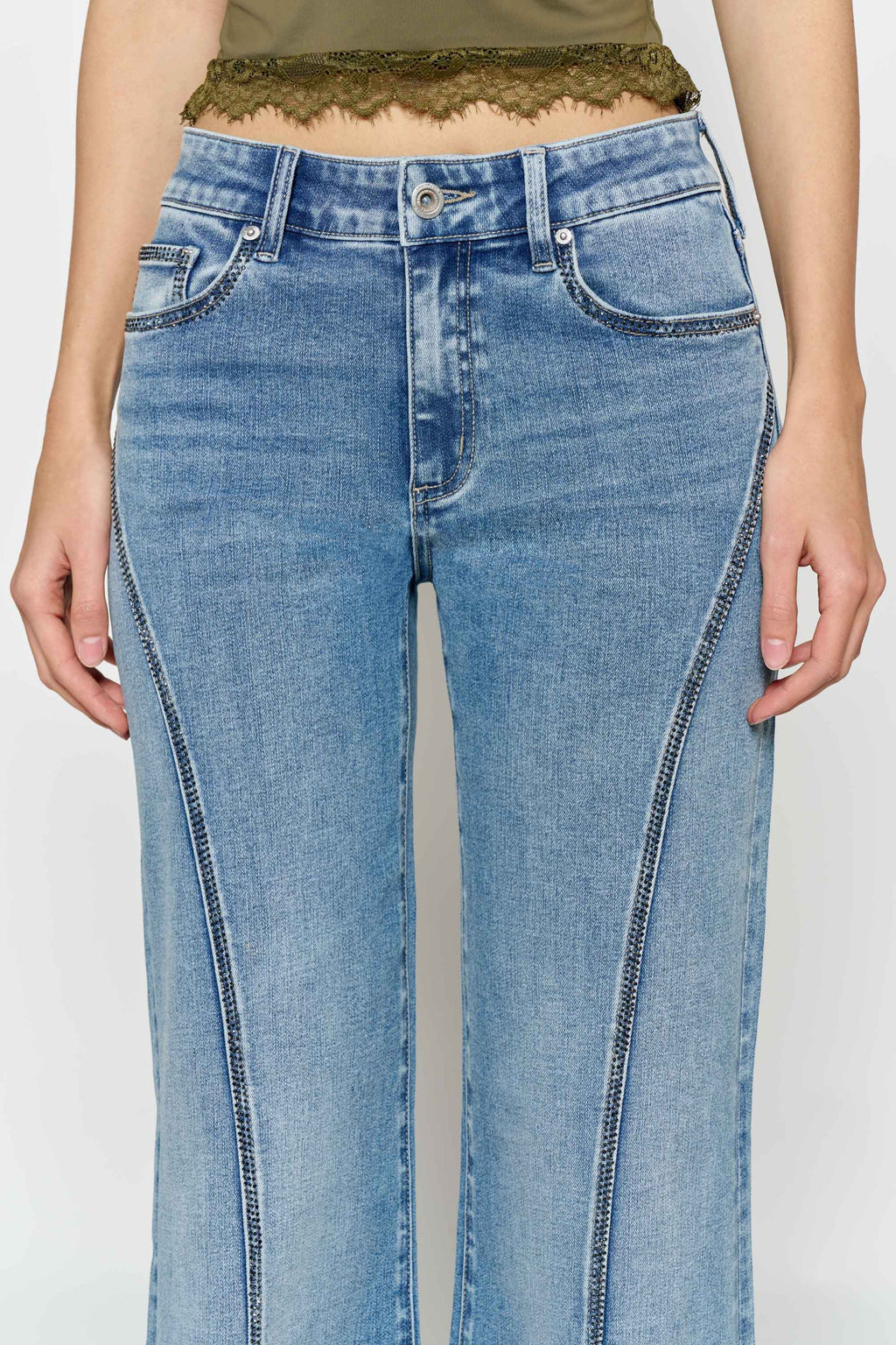 High Rise Wide Leg Jeans with Curved Seam and Rhinestone Details — additional view 2