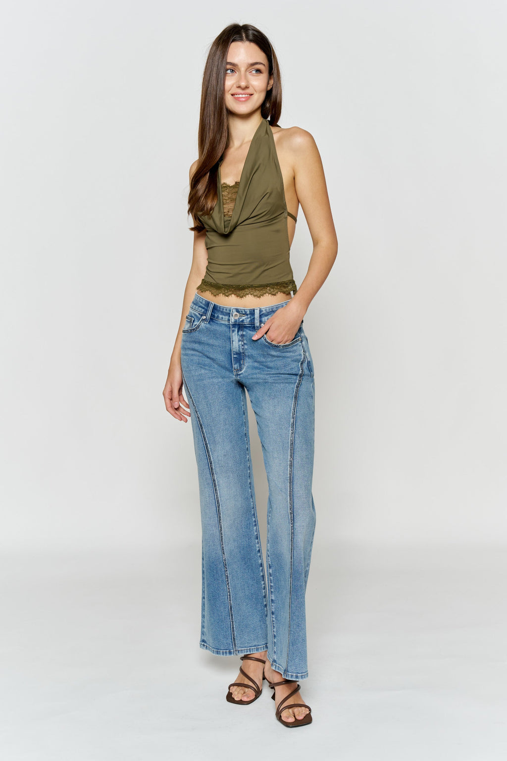 High Rise Wide Leg Jeans with Curved Seam and Rhinestone Details — additional view 3