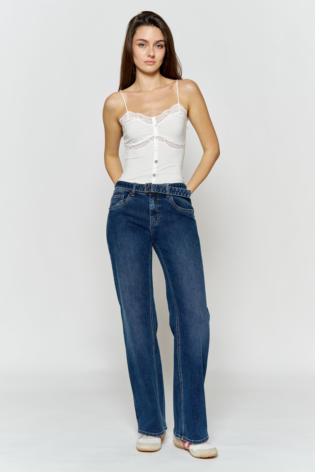 High Rise Belted Wide Leg Jeans with Buckle Closure — additional view 2
