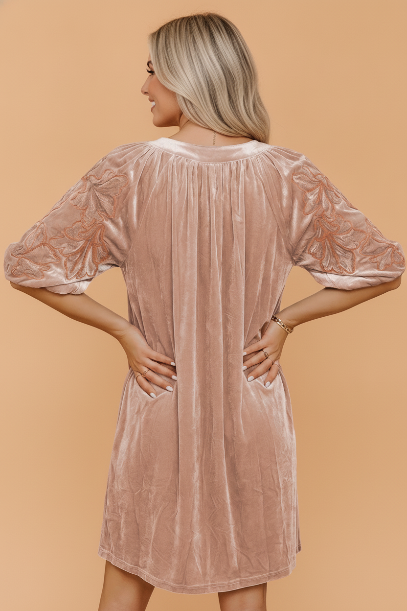 Solid Floral Embroidered Velvet Puff Sleeve Mini Dress — additional view 2