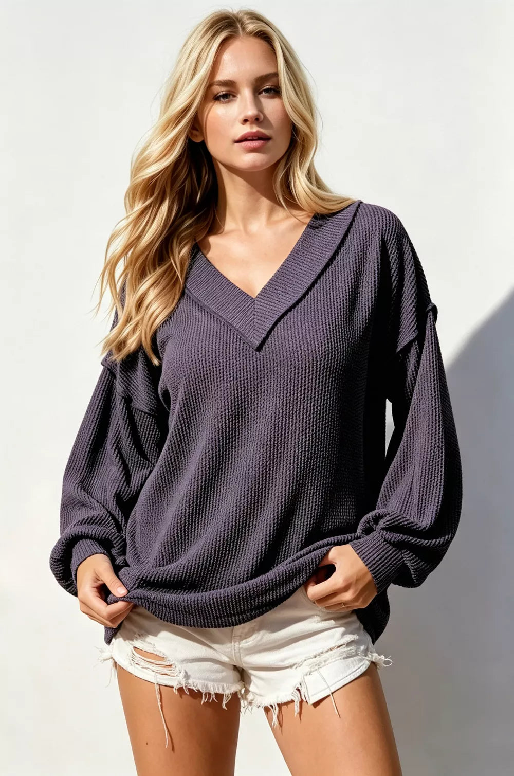 Exposed-Seam Ribbed V-Neck — additional view 3
