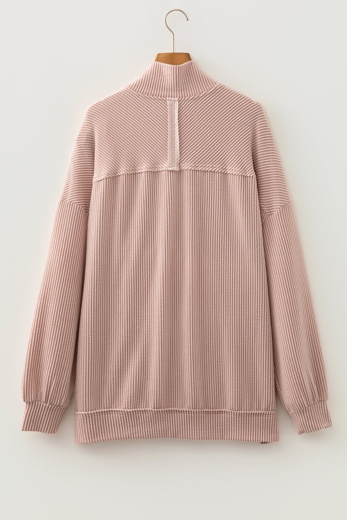 Solid Corded Knit Half Zip Collar Long Sleeve Top