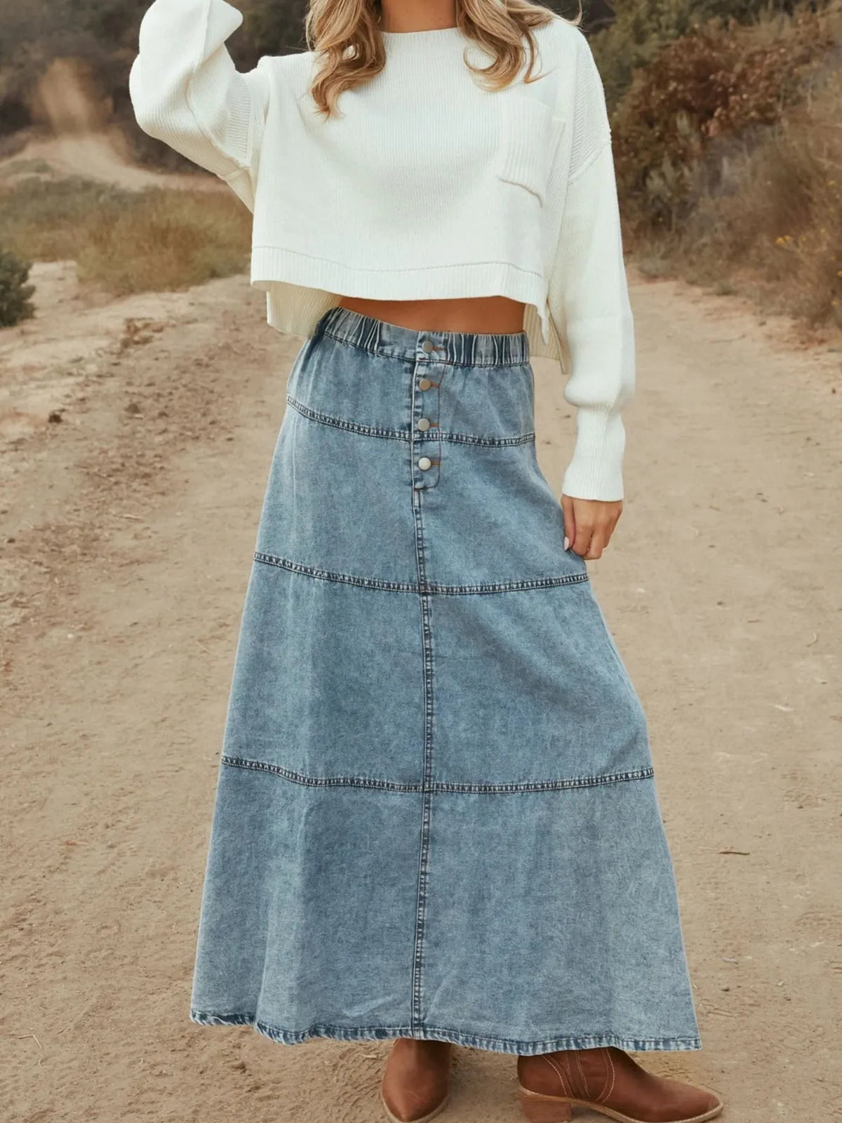 Tiered Denim Maxi Skirt