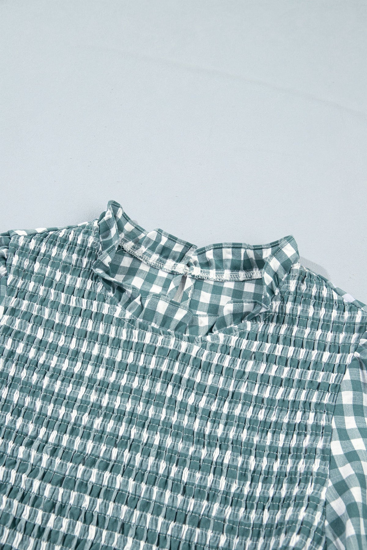 Gingham Shirred Long Sleeve Peplum Top