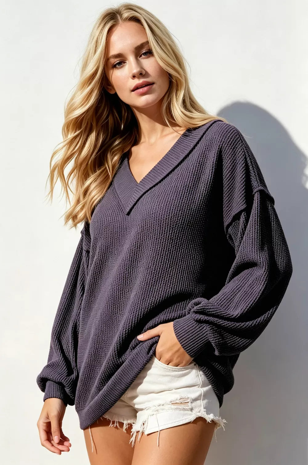 Exposed-Seam Ribbed V-Neck — additional view 2