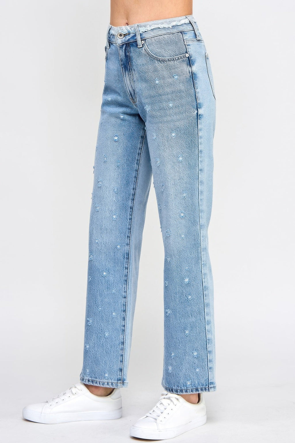 High Rise Dad Jeans W/ Fringe Waistband Detail