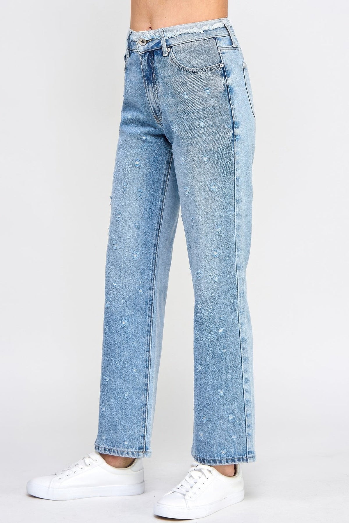 High Rise Dad Jeans W/ Fringe Waistband Detail